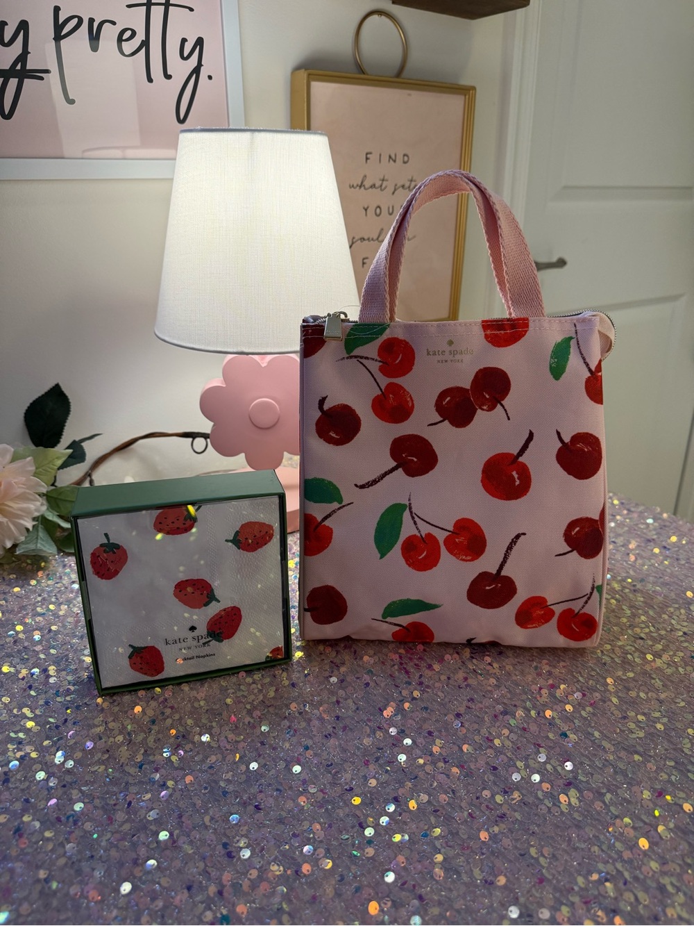 NWT kate spade Lunch Bag in Pink & Cherry w/ Food Container + Cocktail Napkins